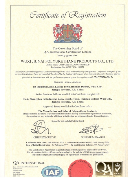 Chiny Wuxi Jiunai Polyurethane Products Co., Ltd Certyfikaty
